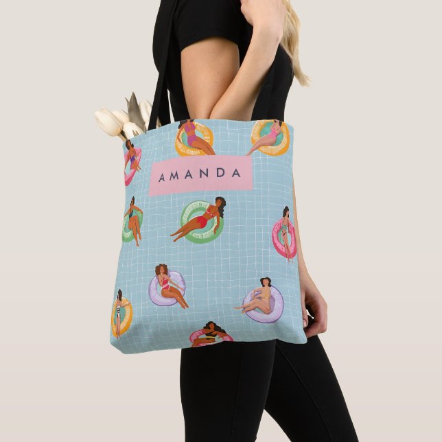 Personalised Summer Women Relaxing on Pool Floats Tote Bag (Close Up)