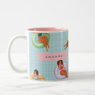 Personalised Summer Women Relaxing on Pool Floats Two-Tone Coffee Mug
