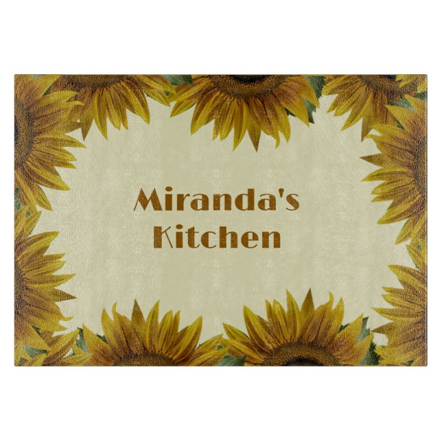 Personalised Sunflower Border Glass Cutting Board (Front)