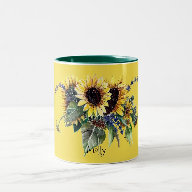 Personalised Sunflower Bouquet on Yellow Two-Tone Coffee Mug (Center)