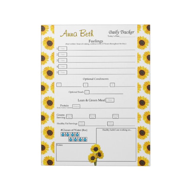 Personalised Sunflower Daily 6 Meal Food Journal Notepad (Rotated)
