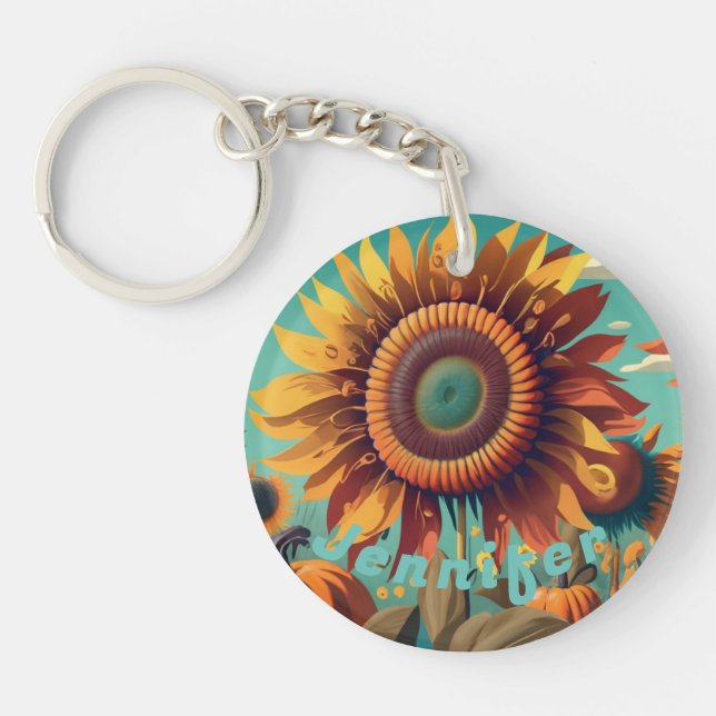 Personalised Sunflower Keychain, Sunflower Keychai Key Ring (Front)