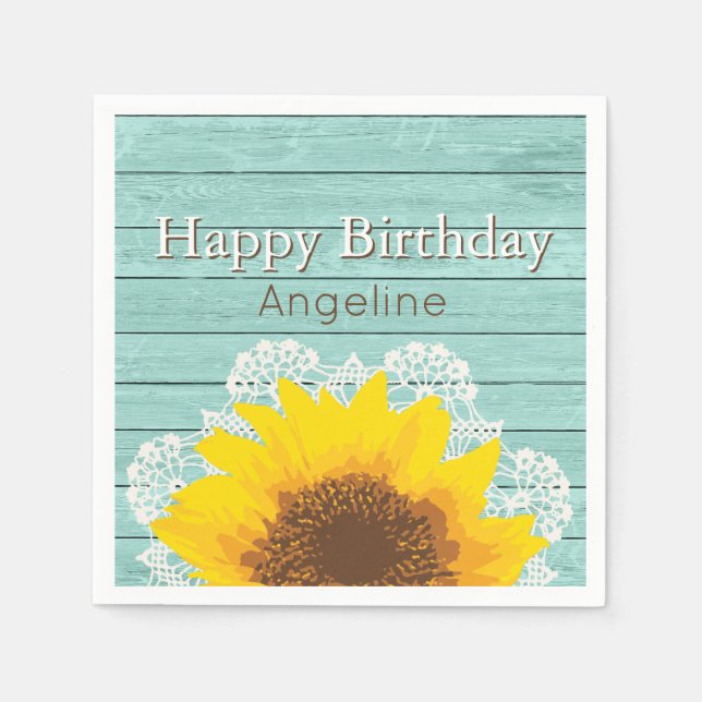 Personalised Sunflower, Lace and Wood Napkin (Front)