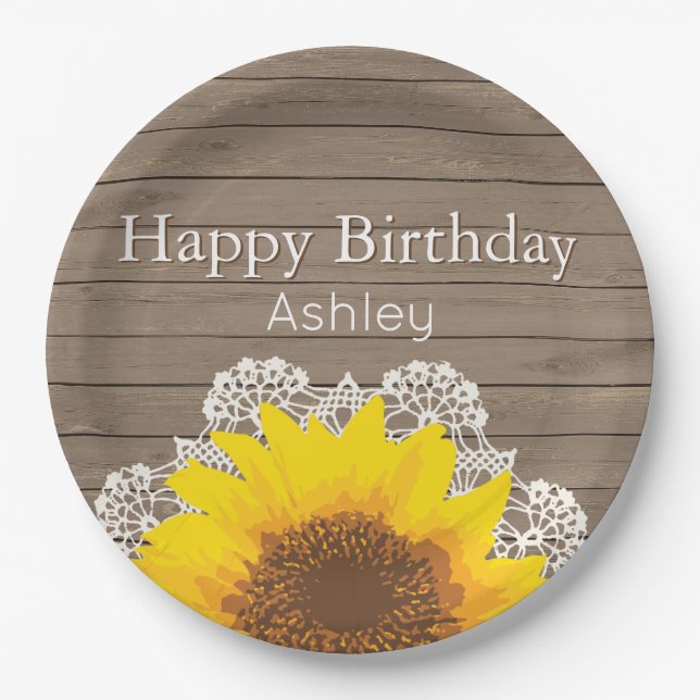 Personalised Sunflower, Lace and Wood Paper Plate (Front)