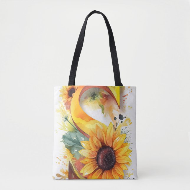 Personalised Sunflower Watercolor Letter S Tote Bag (Front)