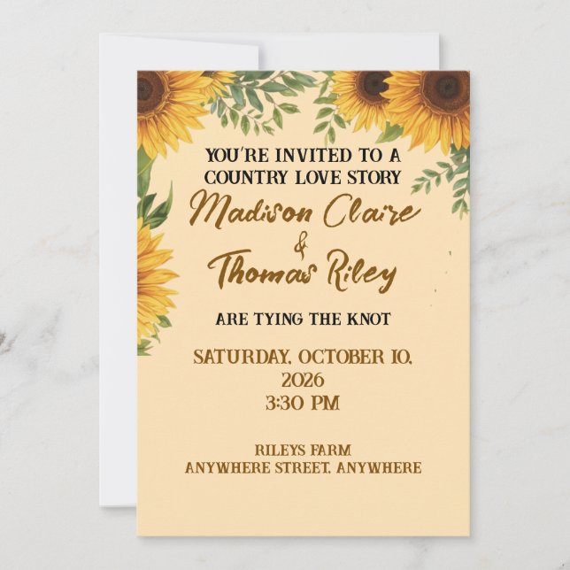 Personalised Sunflower Wedding Invitation | Rustic (Front)