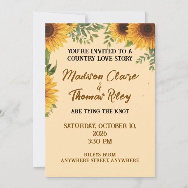 Personalised Sunflower Wedding Invitation | Rustic (Front)