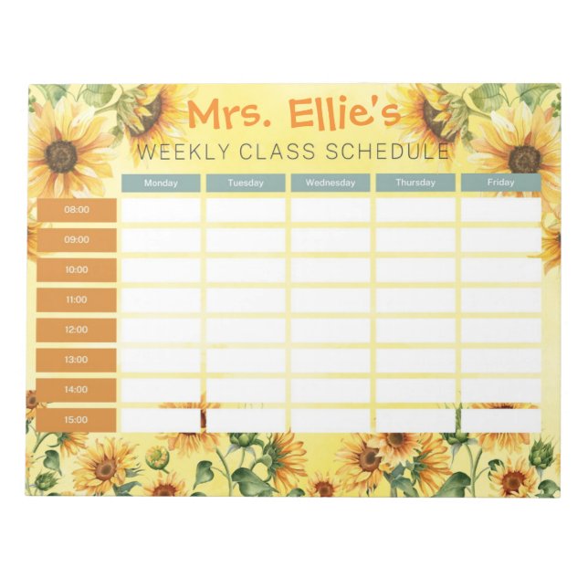 Personalised Sunflower Weekly Class Schedule Notepad (Front)