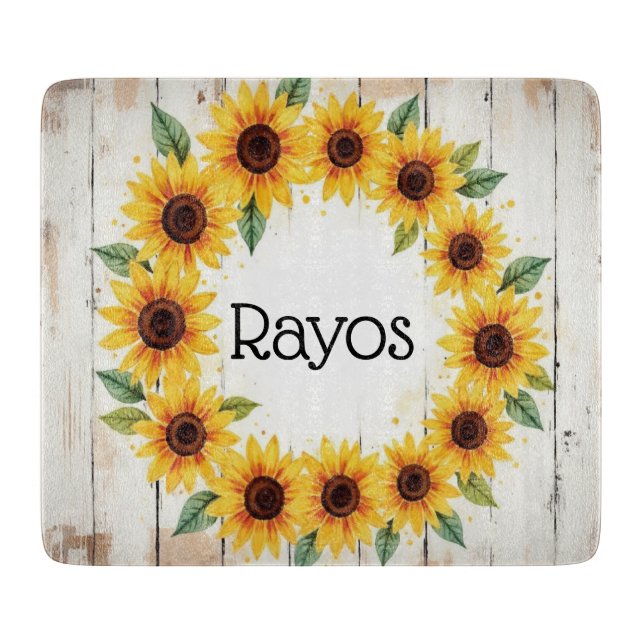 Personalised Sunflower Wreath Glass Cutting Board (Front)