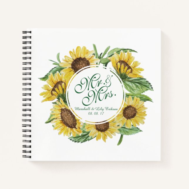 Personalised Sunflower Wreath Wedding Guestbook Notebook (Front)
