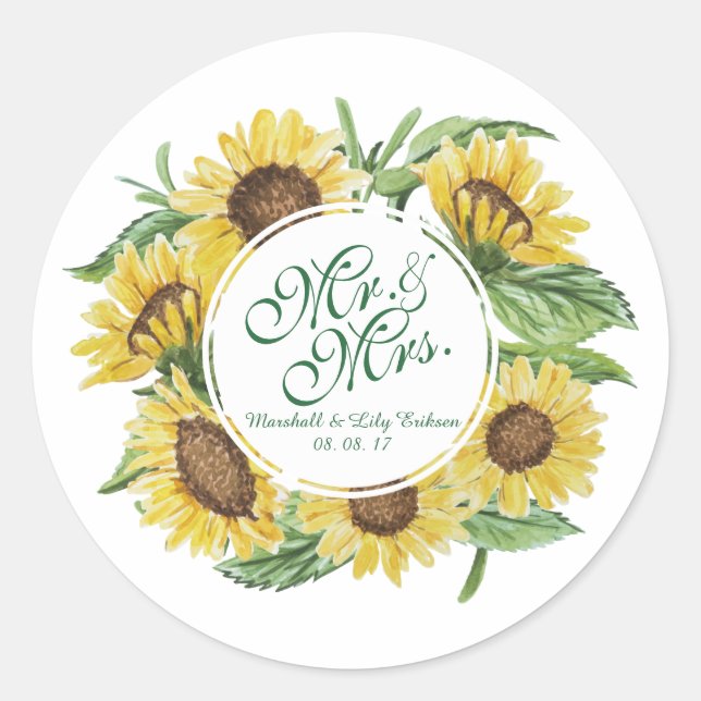 Personalised Sunflower Wreath Wedding Sticker Seal (Front)