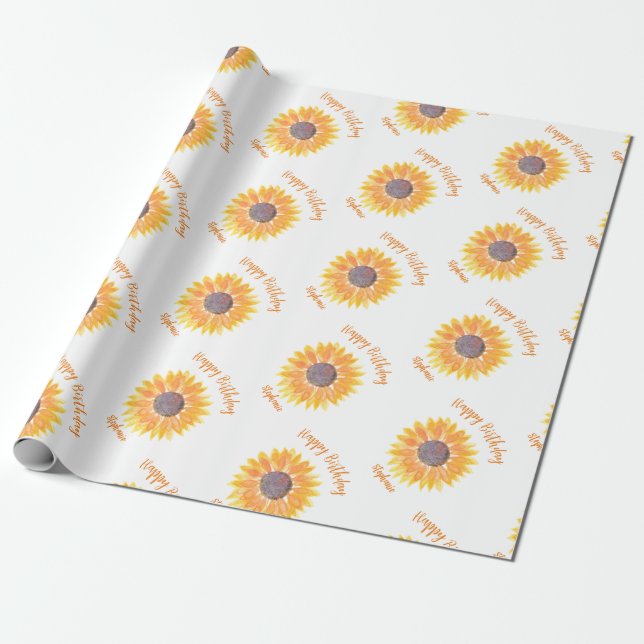Personalised Sunflowers Happy Birthday Wrapping Paper (Unrolled)