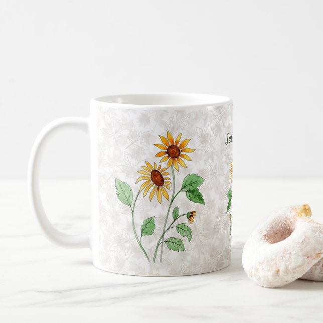 Personalised Sunflowers on Maple Leaves Coffee Mug (With Donut)