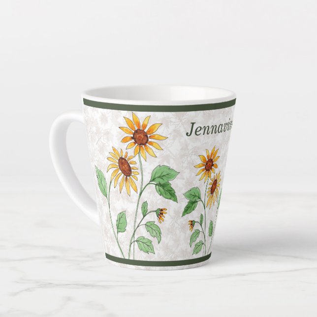 Personalised Sunflowers on Maple Leaves Latte Mug (Left Angle)