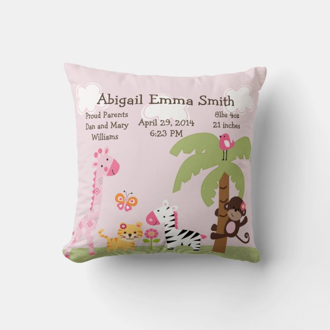 Personalised Sunny Safari/Girl Animals Pillow (Front)