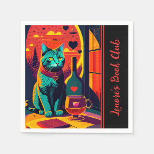 Personalised Sunset Cat Books And Wine Napkin