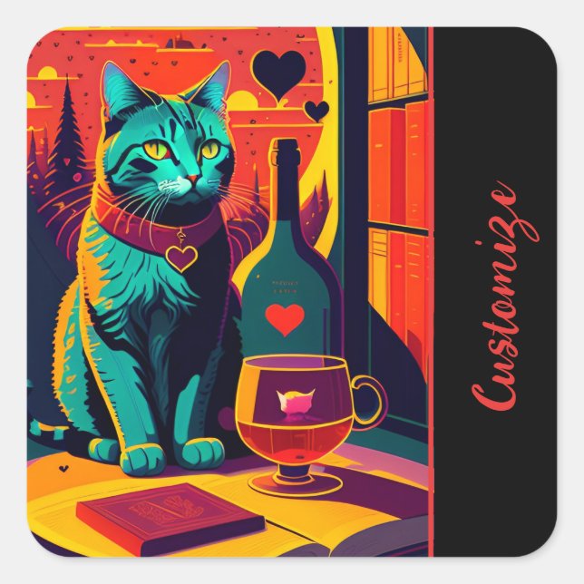 Personalised Sunset Cat Books And Wine  Square Sticker (Front)