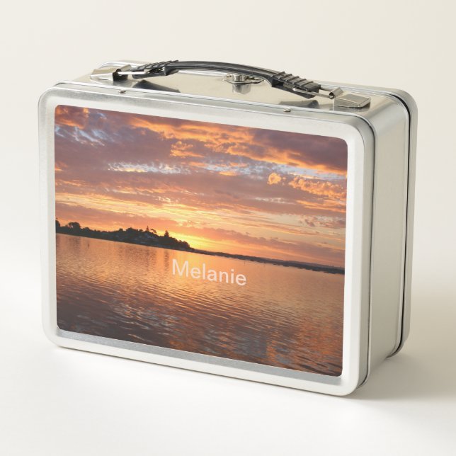 Personalised Sunset Lake View Trinket Metal Lunch Box (Back)