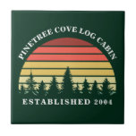 Personalised Sunset Log Cabin Lake House Green Tile<br><div class="desc">Cool custom sunset ceramic tile in beautiful forest green. Cool personalised family lake house decor for your log cabin customised with your last name under the trees.</div>