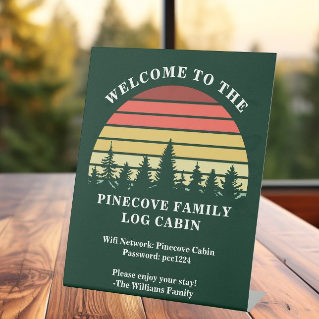 Personalised Sunset Log Cabin Lake House Welcome Pedestal Sign (Creator Uploaded)