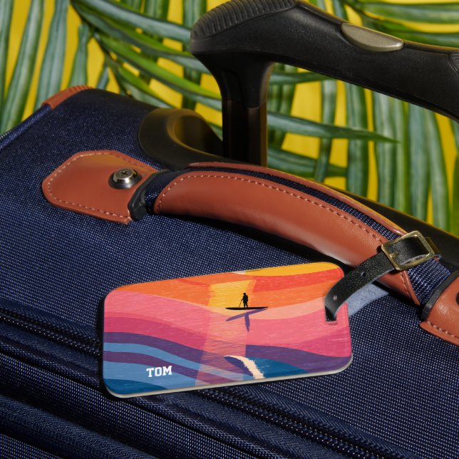 Personalised Sunset Paddle Board Luggage Tag (Front Insitu 3)