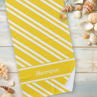 Personalised Sunshine Yellow and White Stripes Beach Towel