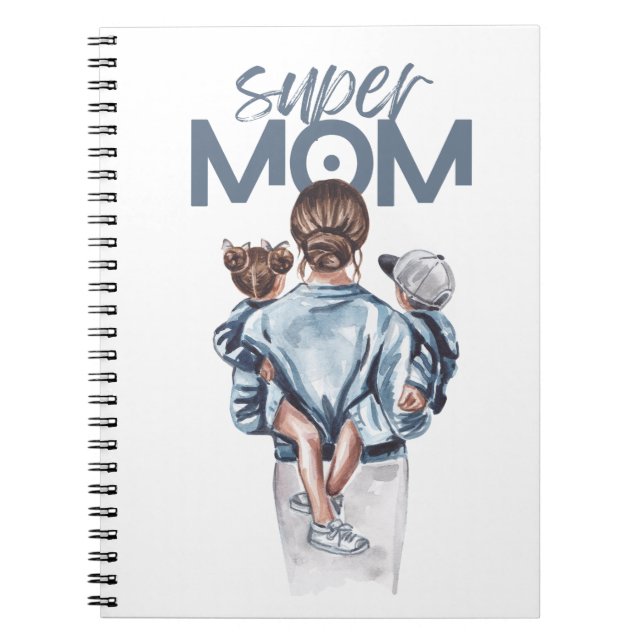 Personalised Super Mum with Son and Daughter Gift Notebook (Front)