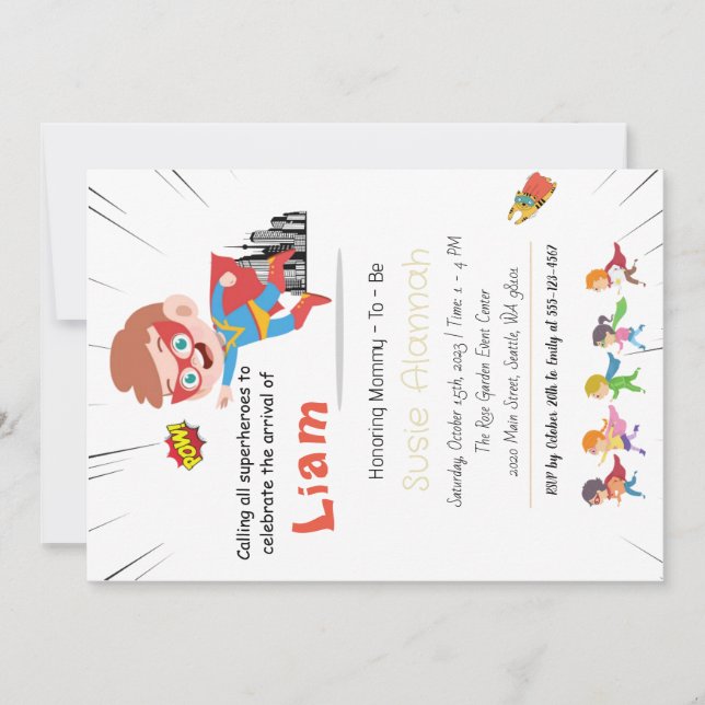 Personalised Superhero Boy Baby Shower Invitation (Front)