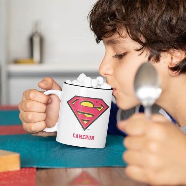 Personalised Superman S-Shield | Classic Logo Two-Tone Coffee Mug (Kid drinking out of mug)