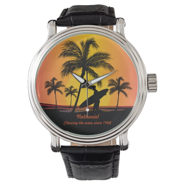 Personalised Surfer at sunset Birth year Watch (Front)