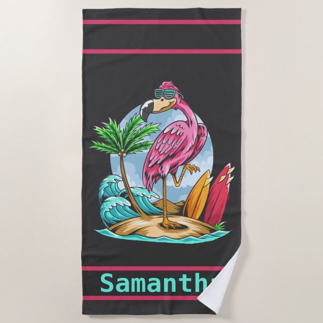 Personalised Surfing Flamingo  Beach Towel (Front)