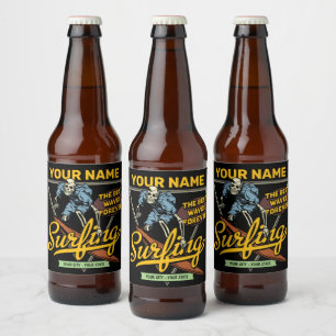 Personalised Surfing Skeleton Ride Waves Surfer Beer Bottle Label