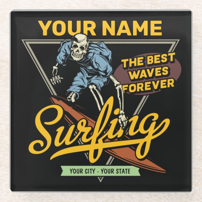 Personalised Surfing Skeleton Ride Waves Surfer  Glass Coaster (Front)