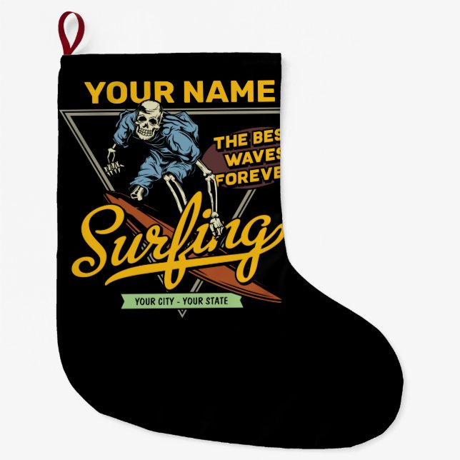 Personalised Surfing Skeleton Ride Waves Surfer  Large Christmas Stocking (Front)