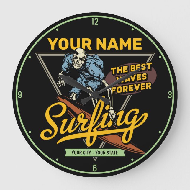 Personalised Surfing Skeleton Ride Waves Surfer Large Clock (Front)