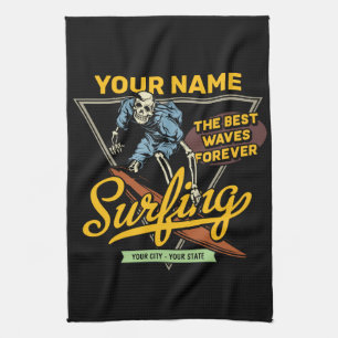Personalised Surfing Skeleton Ride Waves Surfer Tea Towel