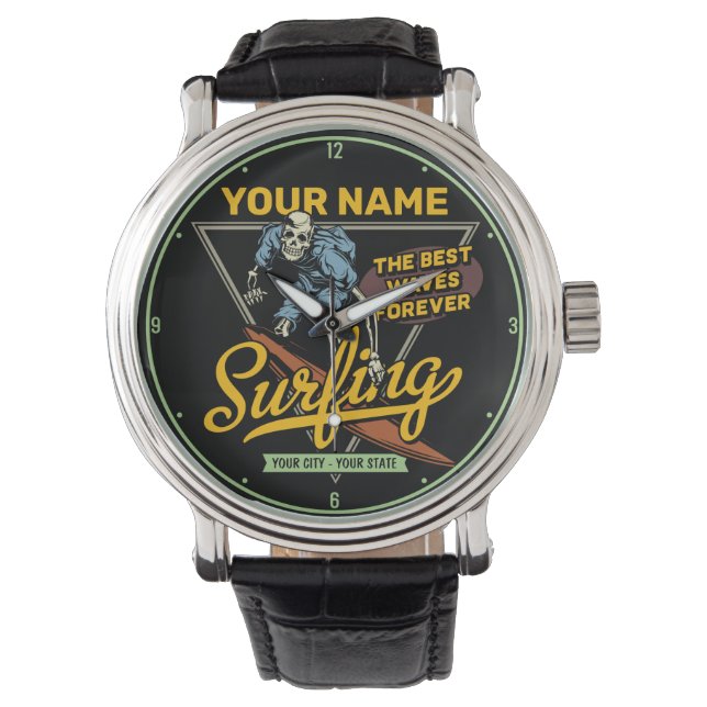 Personalised Surfing Skeleton Ride Waves Surfer  Watch (Front)