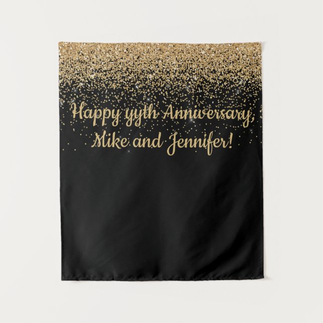 Personalised Surprise Anniversary Party Black Gold Tapestry (Front)