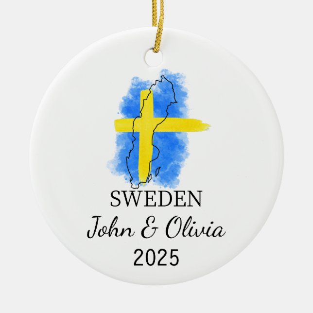 Personalised Sweden Ornament, Sweden Flag Gift Ceramic Tree Decoration (Front)