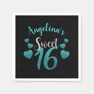 Personalised Sweet 16 Birthday Turquoise Glitter Napkin