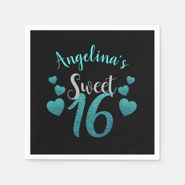 Personalised Sweet 16 Birthday Turquoise Glitter Napkin (Front)