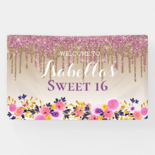 Personalised Sweet 16   Floral Dripping Glitter Banner