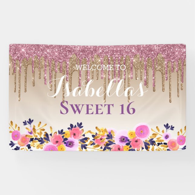Personalised Sweet 16 | Floral Dripping Glitter Banner (Horizontal)