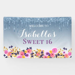 Personalised Sweet 16   Floral Dripping Glitter Banner