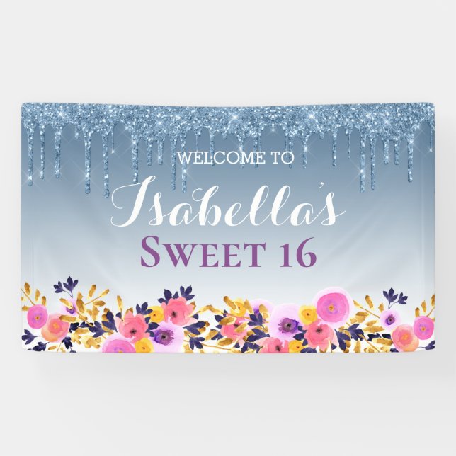 Personalised Sweet 16 | Floral Dripping Glitter Banner (Horizontal)