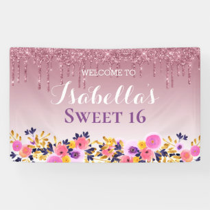 Personalised Sweet 16   Floral Dripping Glitter Banner