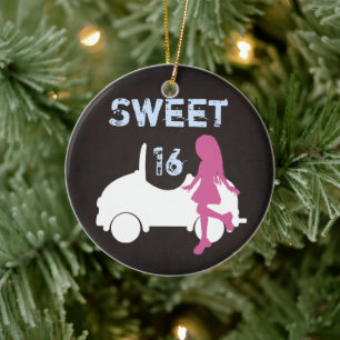 Personalised Sweet 16 Girl and Car ~ Pink, Blue Ceramic Tree Decoration