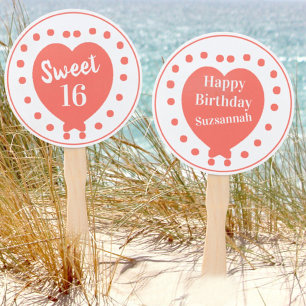 Personalised Sweet 16 Happy Birthday Coral Heart Hand Fan