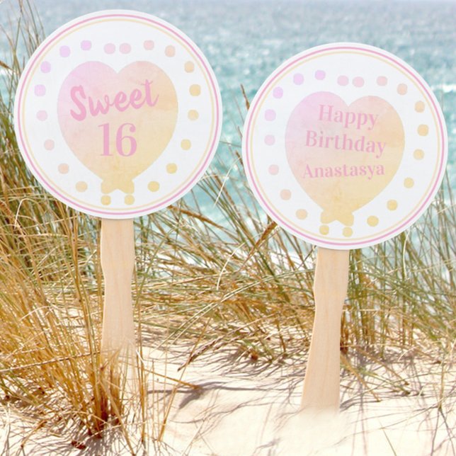 Personalised Sweet 16 Happy Birthday Pastel Heart Hand Fan (Creator Uploaded)