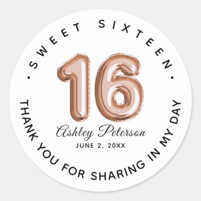 Personalised Sweet 16 Luxury Balloon Classic Round Sticker (Front)